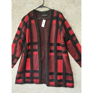 Lane Bryant Black Red Plaid Open Front Cozy Stretch Cardigan Sweater Sz 10/12